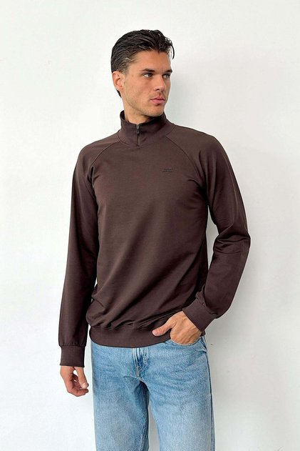 Men's Stand Collar Half Zipper Brand Printed Sweatshirt Brown - 6042