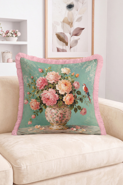 Vintage Rose Bouquet and Parrot Figured Vase Patterned Fringed-Tasseled Throw Pillow Cover