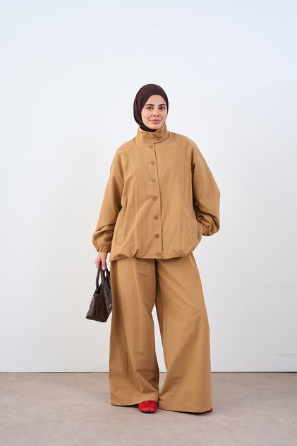 Women's Elastic Waist Button Detail Balloon Sleeve Set Mink