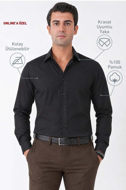 Black 100% Cotton Breathable Easy-Iron Long Sleeve Slim Fit Shirt Gk 766