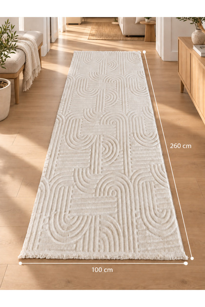 Covor traversă antiderapant 100 × 260 cm, alb cald, model geometric în relief