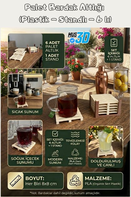 Modern Pallet Design 6-Piece Coaster Set with Stand - Decorative Wood Look Desktop Coffee/Tea Presentation Set (8 cm X 8 cm)