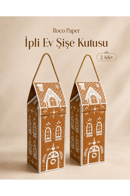 Yılbaşı Ev Tasarımlı Kraft Şişe Kutusu, Dekoratif Yeniyıl Temalı Parti Hediye Çantası, 2li Paket