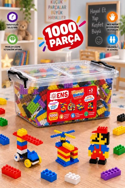 Funny Blocks 1000 Parça Renkli Eğitici Yapı Oyuncağı – Saklama Kutulu