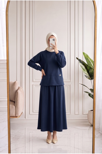 Bengisu Slit Skirt Suit with Accessory Detail - Ey1072 Navy Blue