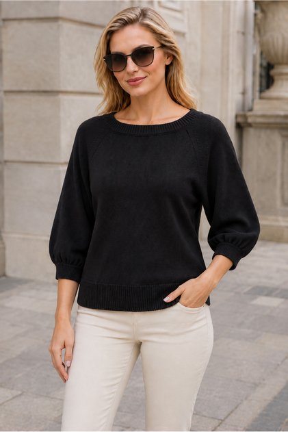 Women's Boat Neck Raglan Sleeves Balloon Sleeve Woven Detailed Comfortable Fit Soft Textured Elegant Casual Black Knitwear Sweater