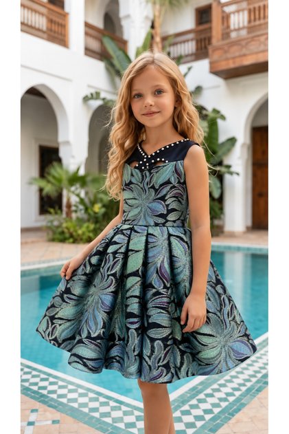 Girl's Jacquard Evening Dress with Pearl Stone Detail, Satin Bow, and Buckle Accessories