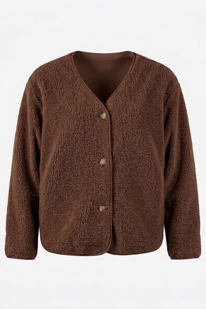 Premium V-Neck Buttoned Fleece Cardigan - Brown