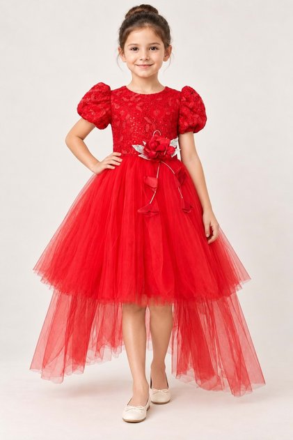 Girl's Palmira Embroidered Tail Evening Dress M00861 Red