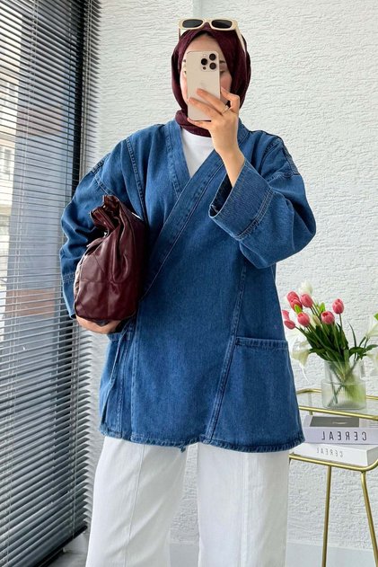 Wrap-Tie Oversize Denim Jacket - Blue