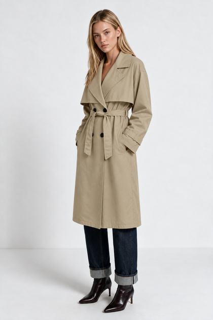 Belted Seasonal Long Trench Coat Lby0090 Cream