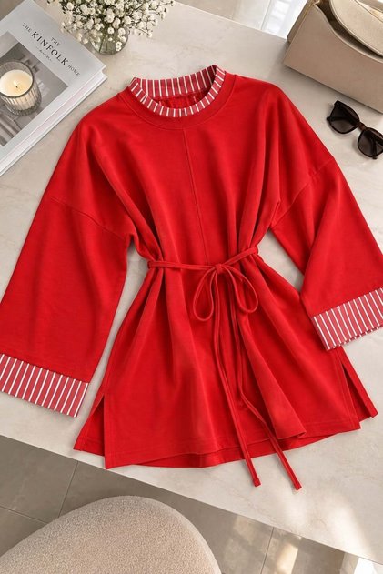 Red Flexible Lycra Modal Fabric Tunic with Belted Waist, Ruffle Detail at Collar and Sleeves, Comfortable Cut