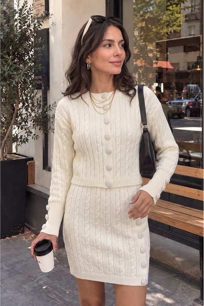 Hair Braided Button Detailed Cardigan Skirt Knitwear Set