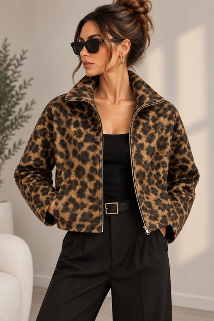 Women's Leopard Patterned Stand Collar Zippered Crop Coat with Pockets