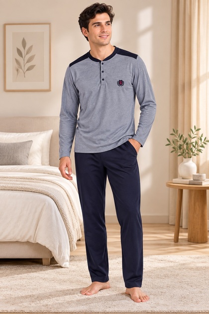 Men's Pajama Set, 100% Cotton, Anti-Pilling, Combed Cotton Interlock, Long Sleeve, Buttoned Collar, with Pockets, Dark Gray