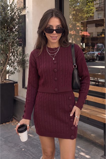 Hair Braided Button Detailed Cardigan Skirt Knitwear Set