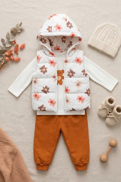 Girl's Hooded Vest Top and Bottom Set | Sweetshirt, Pants, Hoodie, and Padded Vest 3-Piece Set