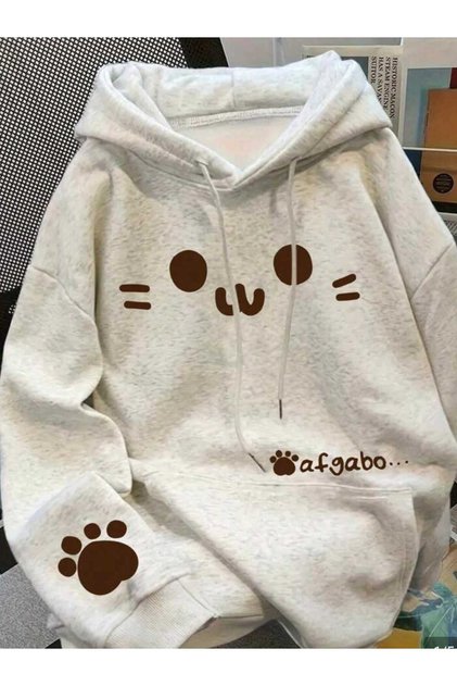 Kadınlar için Kedi Baskılı Gri Kapşonlu Sweatshirt