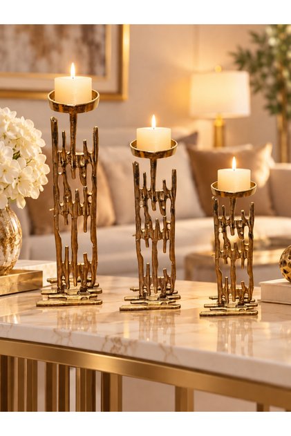 Gold Alüminyum Üçlü Dekoratif Şamdan Mumluk Seti – 46 cm, 36 cm ve 20 cm