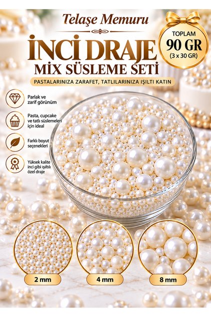 Mix Dekoratif Boncuk Şeker 2-4-8 mm Pasta Süsü - (Beyaz) Pasta Cupcake Tatlı Süsü inci draje 30 gr