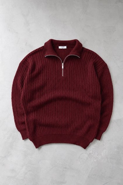 Men's Half-Zip Knitted Patterned Regular Soft Textured Knitwear Sweater - Claret Red