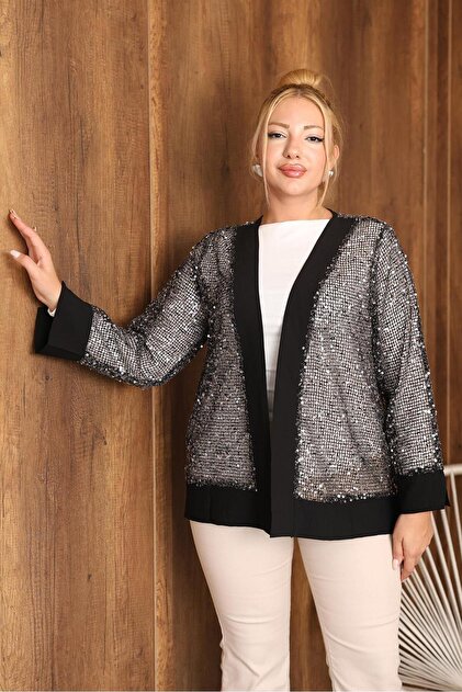 Plus Size Sequin Embroidered Cardigan
