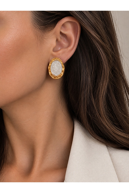 White Textured Oval Earrings with Gold Frame