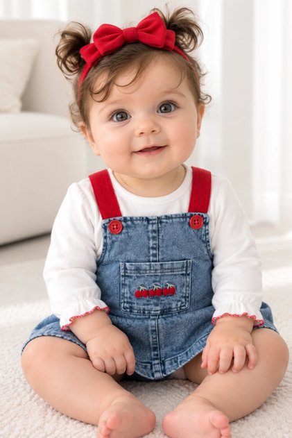 Strawberry Daisy Embroidered Bandana Baby Girl Lycra Denim Dress with Rubber Straps 3-Piece Baby Girl/Child