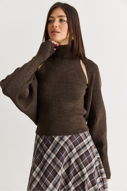 Ženska braon rolka bez rukava, pletena bluza i bolero set TT261010 60286560