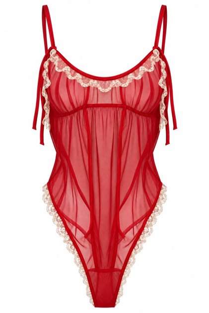 Kırmızı Dantelli Transparan Body ve Fiyonklu Babydoll