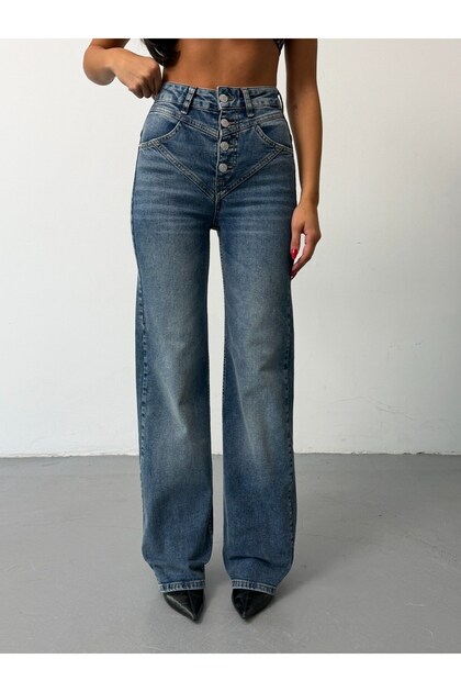 Women's High Waist Multi-Button Corset Detailed Wide Leg Jean Trousers