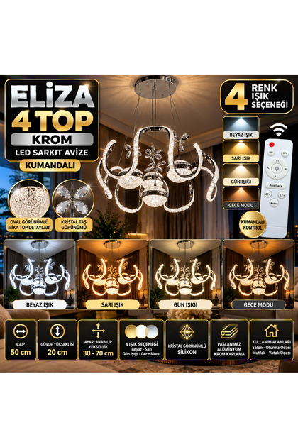 Eliza 4 Top Krom LED Sarkıt Avize - 4 Renk Aydınlatma Seçeneği (KUMANDALI)