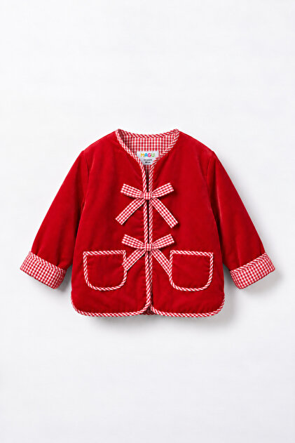 Girl's Cotton Ribbon Detailed Velvet Red Jacket