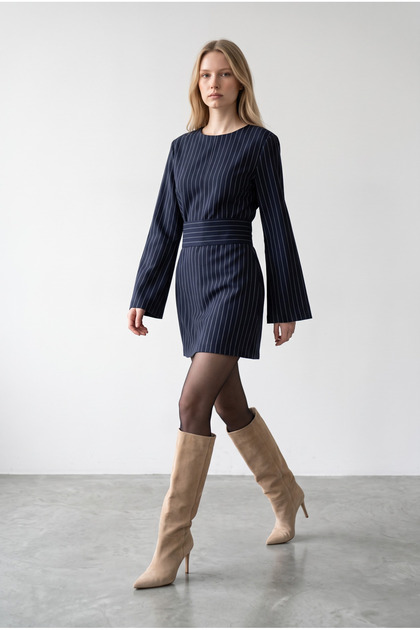 Kadın Lacivert Beyaz Çizgili Slim Fit Uzun Kollu Premium Mini Elbise