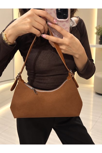 Kadın Şık Günlük Süet Çanta Taba Sonbahar Trend Omuz ve Kol Çantası
