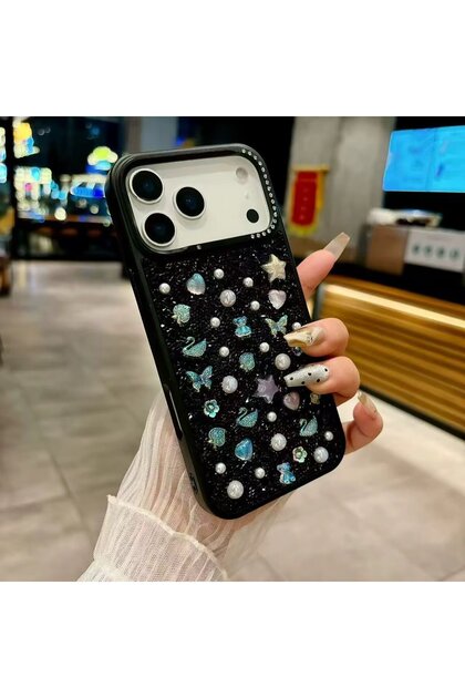 Apple iPhone 17 Pro Max Uyumlu Siyah Taşlı Motifli Elegance Kılıf