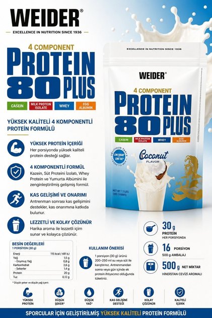 80 Plus Casein & Isolate & Whey & Egg Protein Tozu 500 gram - Coconut