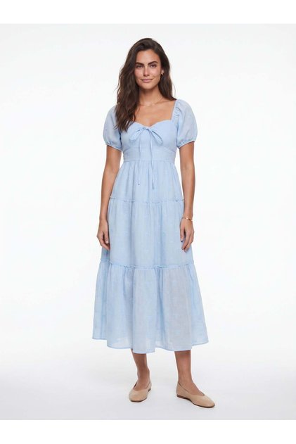 Baby Blue Viscose Blended Muslin Fabric Self-Flower Embroidered Lined Detailed Dress