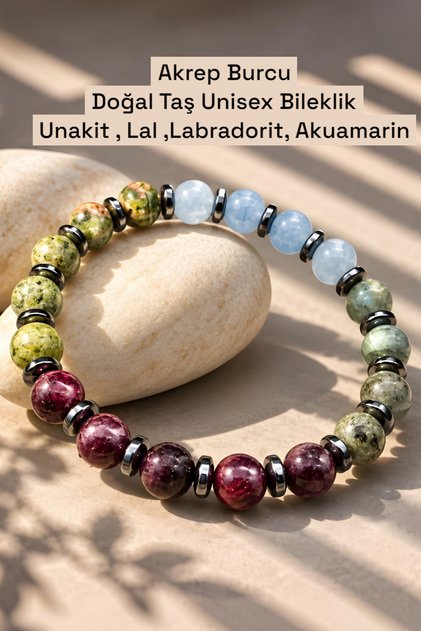 Scorpio Zodiac Natural Stone Unisex Bracelet (Unakite, Lal, Labradorite, Aquamarine)