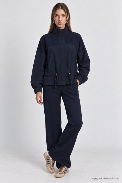 High Collar Parachute Garnished Modal Suit Lby0028 Dark Navy Blue