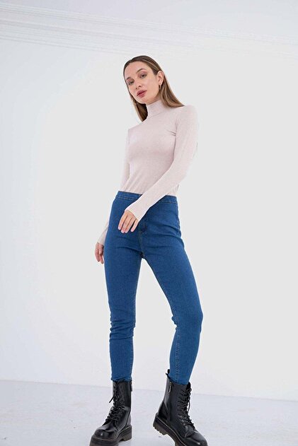 Carina Women's High Collar Long Sleeve Viscose Top - Navy Blue