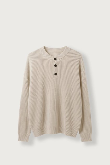 Men's Oversize Henley Collar Knit Sweater Beige