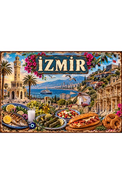 İzmir Retro Metal Tablo – Saat Kulesi, Kumru ve Ege Temalı Dekoratif Tabela 20x30 cm