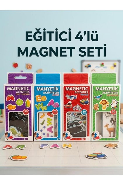 4'lü Magnet Oyun Seti 30 Parça Taşıtlar Meyveler Hayvanlar ve 70 Parça Alfabe Oyun Seti