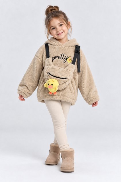 Girl's Plush Hooded Sweatshirt with Pretty Embroidery, Toy Accessories and Bag, Winter Top Ak4130