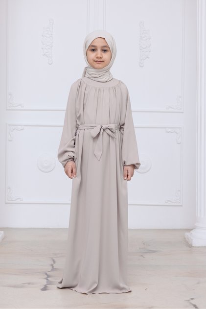 Reglan Sleeve Gathered Girl's Dress - Stone Color