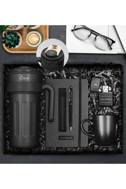Kişiye Özel 700 ML Dereceli Çelik Termos & Kişiye Özel Defter & Kişiye Özel Deri Kılıflı Touch Pen Kalem & Siyah Kupa & Çakmak Hediye Seti