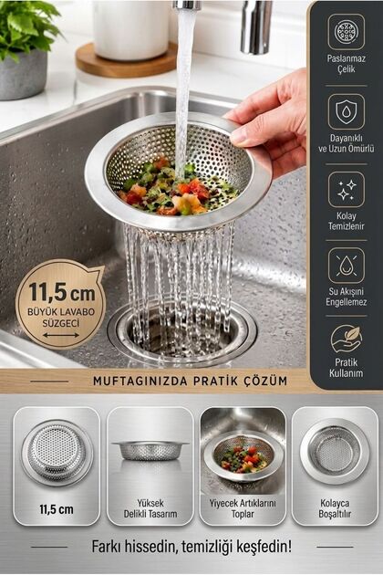 Stainless Steel Sink Strainer 11.5 cm - Large Size Kitchen Sink Anti-Clogging Sink Filter