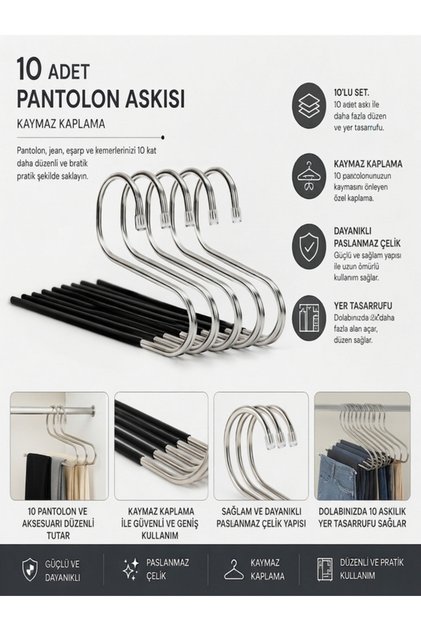 Çok Amaçlı Askı Pantalon Askısı Şal Askısı 10LU Askı Seti Dolap İçi Askılar Kaymaz Malzeme