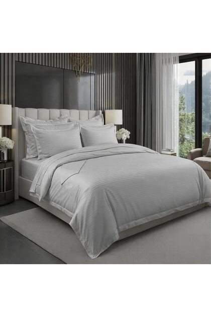 6 pcs Striped Duvet Cover Set Super king Size 240x260 Bedding Set – 1 Fitted Sheet, 1 Quilt Cover, 4 Pillowcases, Gray